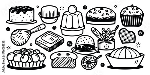 Hand drawn baking essentials collection featuring cakes pastries whisk and more baking supplies