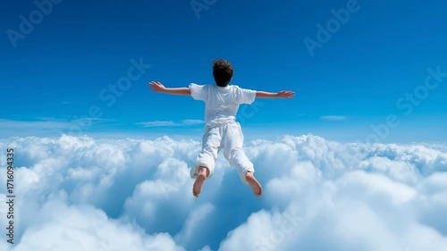 Wallpaper Mural Young person in pristine attire suspended mid-flight over expansive cloud formation, arms outstretched against luminous blue atmospheric backdrop Torontodigital.ca