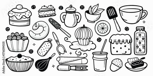 Whimsical baking essentials collection hand-drawn style delicious treats and tools