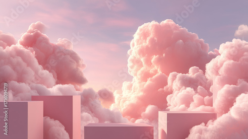 Dreamscape in Pastel Hues: A surreal scene unfolds, with fluffy clouds tinted in soft pinks and gentle structures, creating a sense of serenity and wonder.