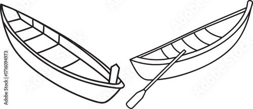 Set of Simple outline drawing of a canoe with a paddle outline vector illustration