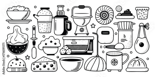 Collection of baking and cooking essentials hand-drawn style line art elements