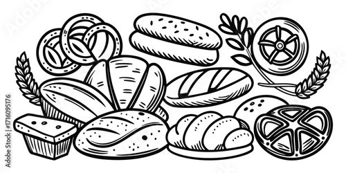 Artistic sketch collection of assorted baked goods including loaves and pretzels