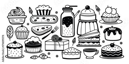 Hand drawn sketch collection of delicious cakes cupcakes pastries and baking elements