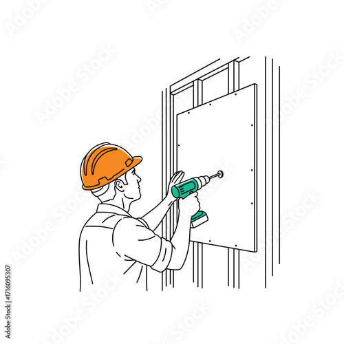 Construction worker installing drywall panel with a power drill on a wall frame