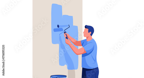 Man using a paint roller to apply a fresh coat of blue paint on a wall