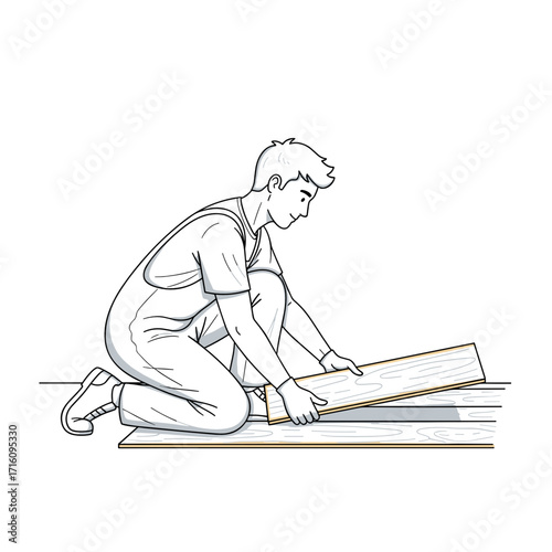 Construction worker kneeling and installing wooden planks on the floor