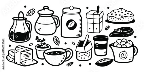 Whimsical hand drawn baking and coffee essentials collection sketch art