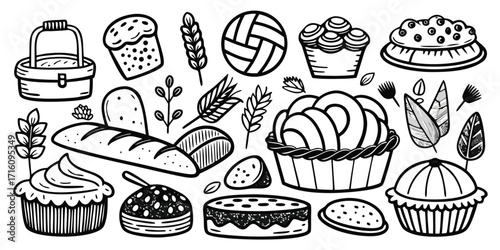 Delicious variety of baked goods collection featuring bread cupcakes pies and wheat stalks hand drawn style