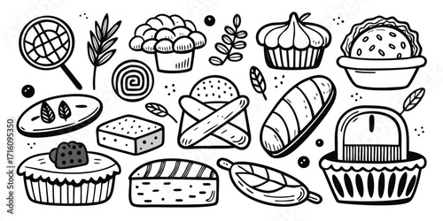Hand drawn baking essentials collection featuring breads pastries and muffin illustrations