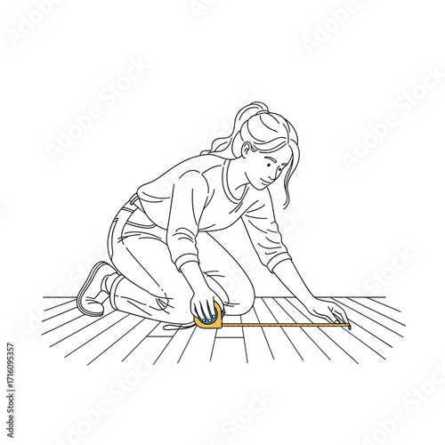 Woman measuring floor space with a tape measure while kneeling