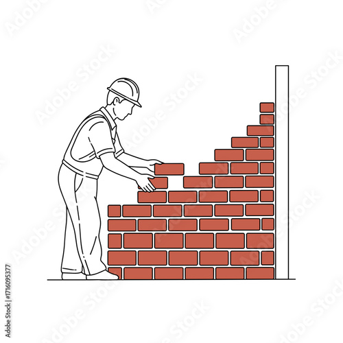 Construction worker laying bricks to build a wall with precision