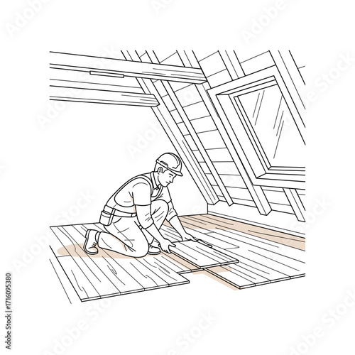 Construction worker laying wooden floorboards in a cozy attic space