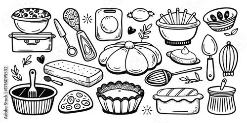 Collection of hand-drawn baking utensils and ingredients for a delicious culinary experience