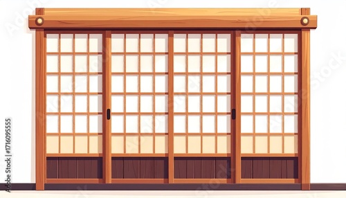 Three-panel sliding shoji-style door with wooden frame, gridded translucent panels, and dark brown base