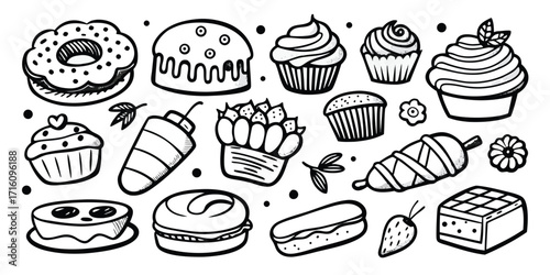 Hand drawn sketch collection of delicious baking treats and pastries for culinary designs