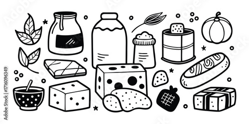 Hand-drawn sketch of baking essentials and dairy products for homemade treats
