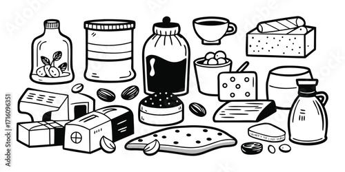Collection of baking essentials ingredients and utensils hand drawn sketch art