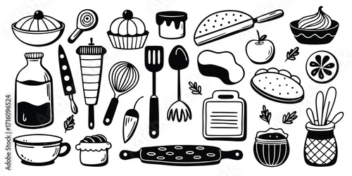 Hand-drawn kitchen essentials and baking tools collection for culinary creations