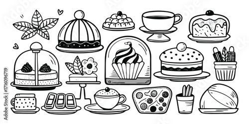 Whimsical baking essentials collection hand drawn sketch elements for sweet creations