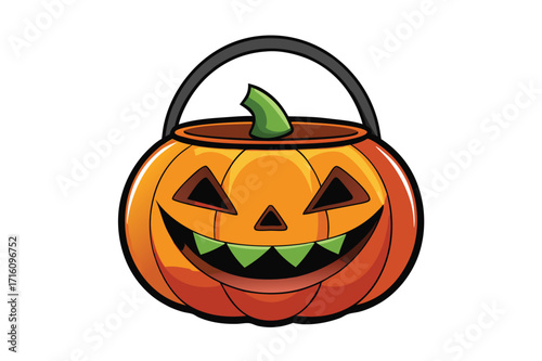 Classic jack o lantern candy bucket for halloween trick or treating flat vector illustration.