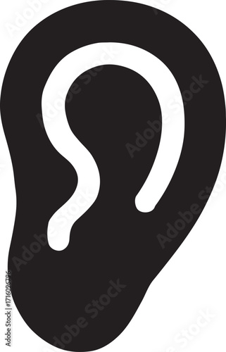 Silhouette ear glyph icon for anatomy, medical, health, auditory system, and biology design.