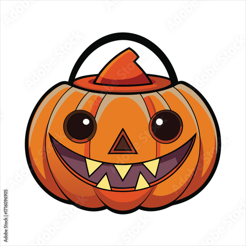 Classic jack o lantern candy bucket for halloween trick or treating flat vector illustration.