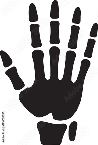 Silhouette hand bone glyph icon for anatomy, medical, skeletal, health, and physiology use.