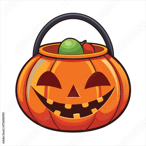 Classic jack o lantern candy bucket for halloween trick or treating flat vector illustration.