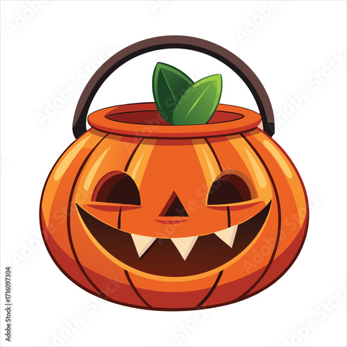 Classic jack o lantern candy bucket for halloween trick or treating flat vector illustration.