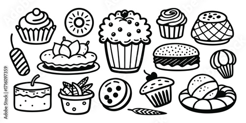 Collection of hand-drawn sweet and savory treats perfect for baking designs