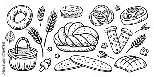 Sketch collection of baking essentials delicious bread basket croissant wheat and pastries