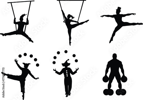 Circus silhouette, trapeze artist, clown juggling, strongman act, acrobat performance, carnival show, stage entertainment, vintage circus, festival fun, circus 