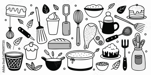 Collection of baking and cooking essentials hand-drawn line art style for kitchen and food enthusiasts