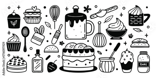 Whimsical hand-drawn baking essentials collection food dessert pastry kitchen tools graphics