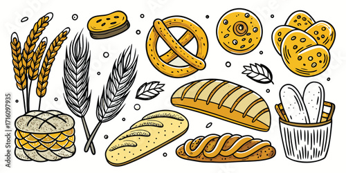 Assortment of delicious baked goods and wheat stalks collection