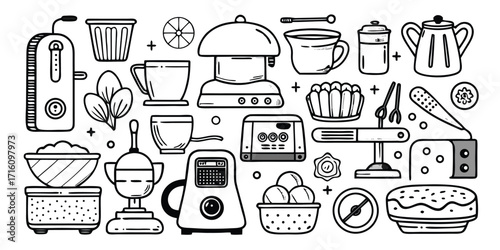 Collection of baking essentials and kitchen gadgets hand drawn line art style food preparation