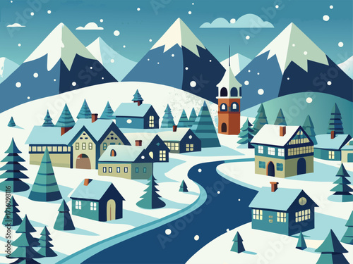 Winter village landscape with cozy houses and pine trees. Festive Christmas and new year holiday season. Snowy mountainous valley scene.