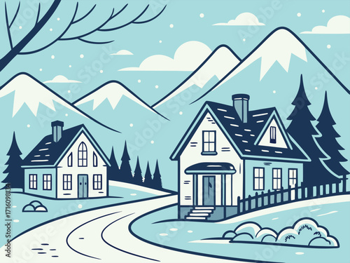 Two houses with snowy roofs on a winter day with mountains. Calm rural landscape with cottages for Christmas holiday.