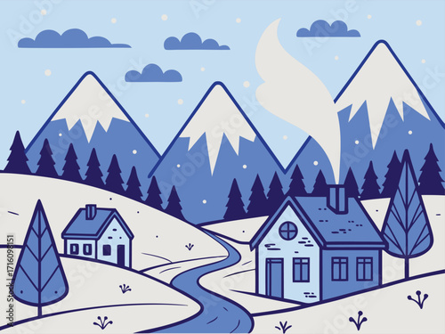 Winter mountain landscape with cozy houses, snowy trees, and a winding river. Idyllic village scene for Christmas, holiday greeting card.