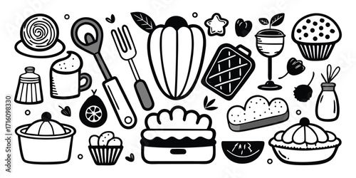 Baking essentials collection assortment of kitchen utensils sweet treats and cooking items