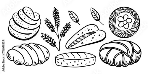 Collection of baked goods and wheat stalks hand-drawn line art baking essentials