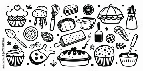 Baking essentials hand drawn sketch collection delicious pastries kitchen tools ingredients and decorations