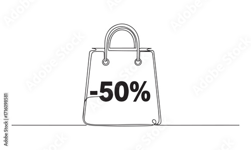 Shopping bag with fifty percent discount symbol on white background