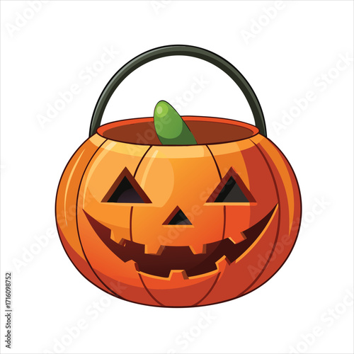 Classic jack o lantern candy bucket for halloween trick or treating flat vector illustration.