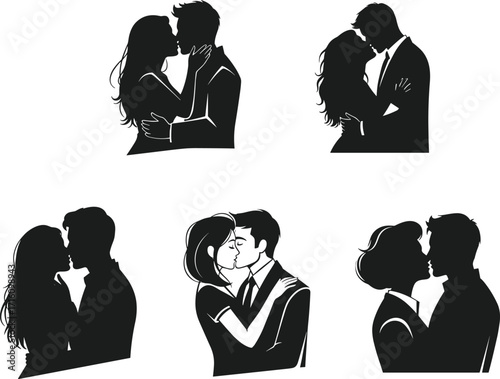 Couple silhouette, romantic kiss, love embrace, passion art, dating romance, intimacy, affection, relationship, togetherness, partnership, emotional bond, romance illustration
