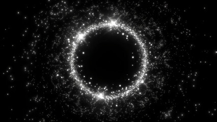 Glowing ring with glitter circle frame and shining particles on dark background, twirl , Starburst, magic portal light effect,  PNG illustration. For cinematic presentation	