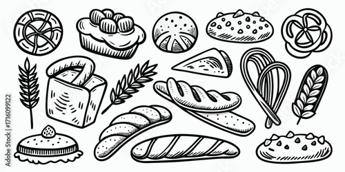 Diverse bakery collection sketch bread pastries dough wheat food items hand drawn style