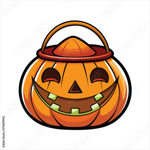 Classic jack o lantern candy bucket for halloween trick or treating flat vector illustration.