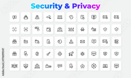 A versatile collection of minimal line art icons illustrating various security and privacy concepts, including locks, firewalls, and biometric protection